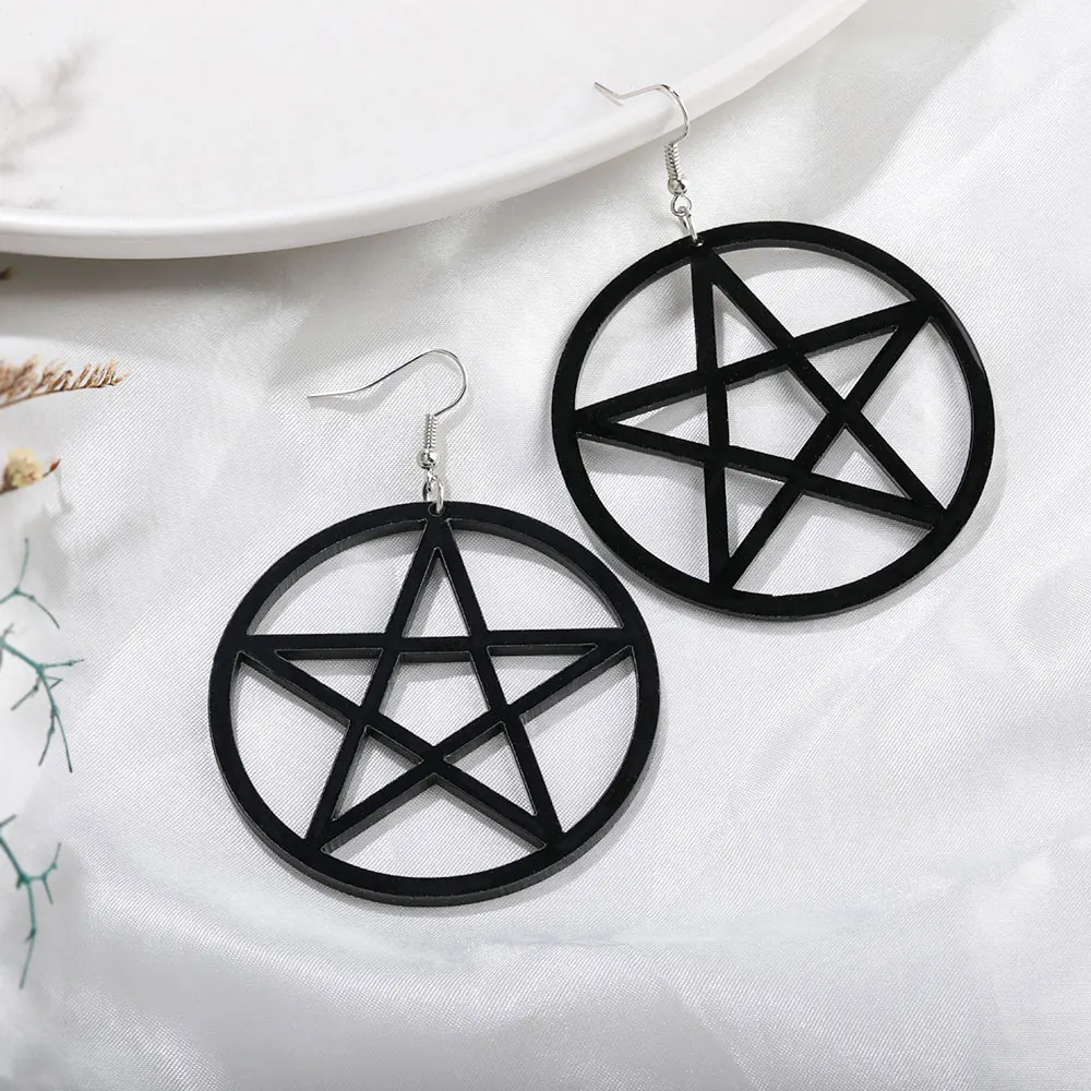 Punk Acrylic Large Star Earrings for Women Gothic Black Big Pentagram Round Drop Earring Fashion Statement Jewelry