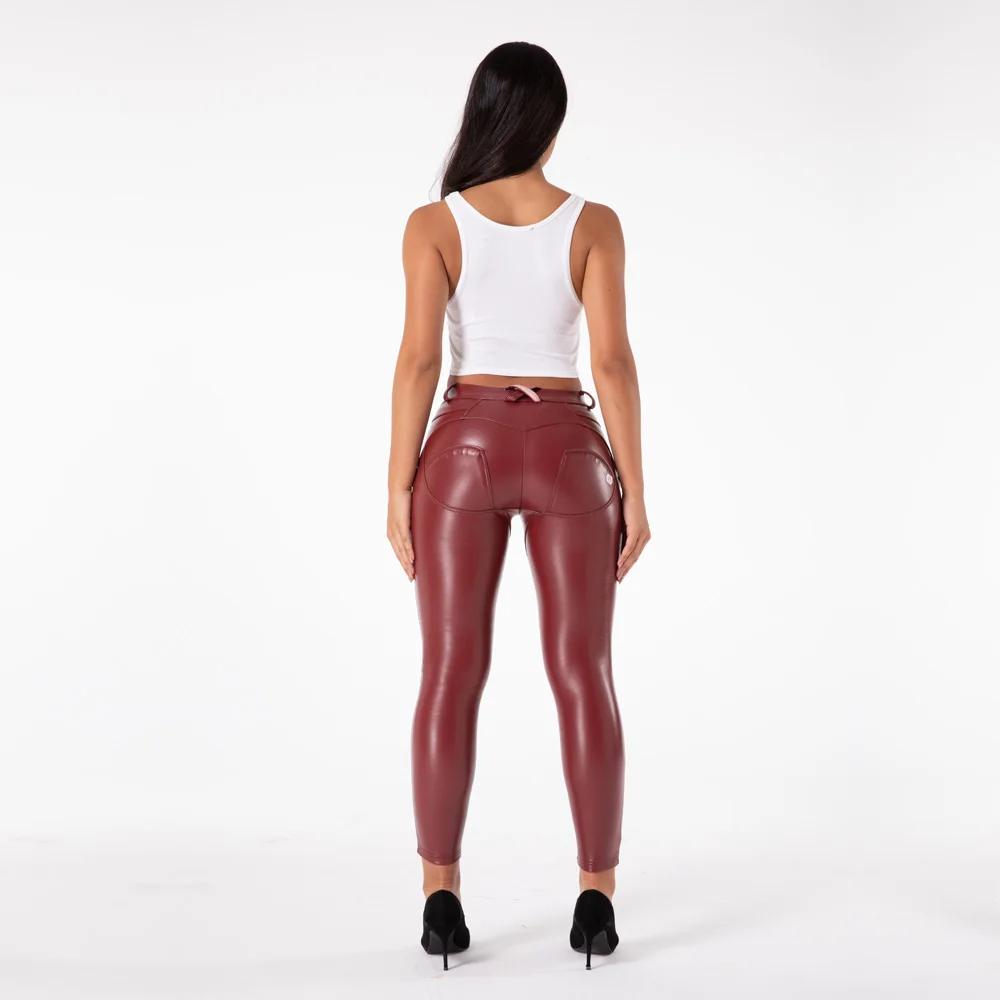 Shascullfites Faux Leather Ankle Pants Womens Leather Look Pants Burgundy Red Leggings Butt Lift Push Up Shaping Wet Look Pants