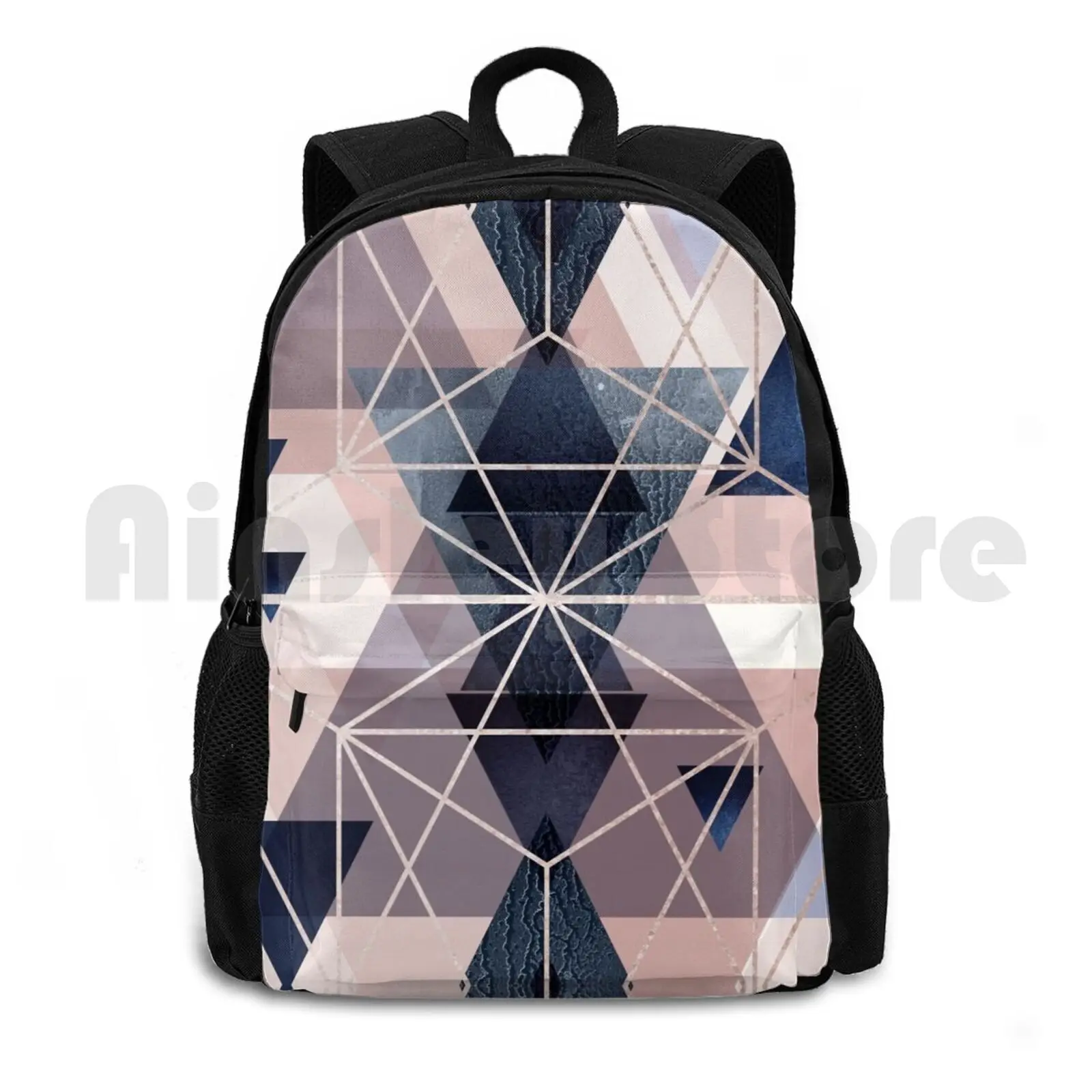 Blush Navy Geometric Outdoor Hiking Backpack Waterproof Camping Travel Pink Pink Pink Navy Blue Geometric Pretty Pastel Pink