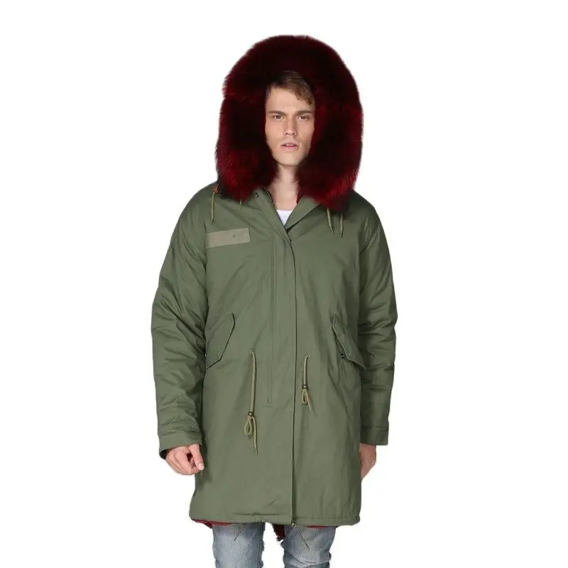 Long Winered Faux Fur Lining Fashion Mens Winter Wear Thickness Fabric Army Green Casual Wear