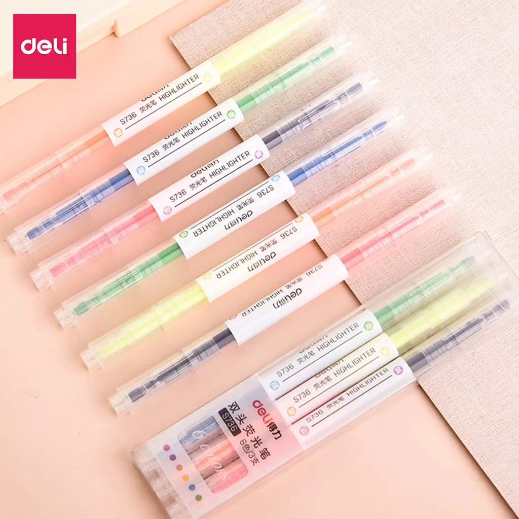 DELI S736 Twin Tip Highlighter 3Pcs/Bag 6 Colors Cute Pen Double Headed marker Pen Mark Pen Office School Supplies Stationery