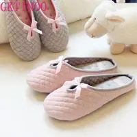 Lovely Bowtie Winter Women Home Slippers For Indoor Bedroom House Soft Bottom Cotton Warm Shoes Adult Guests Flats
