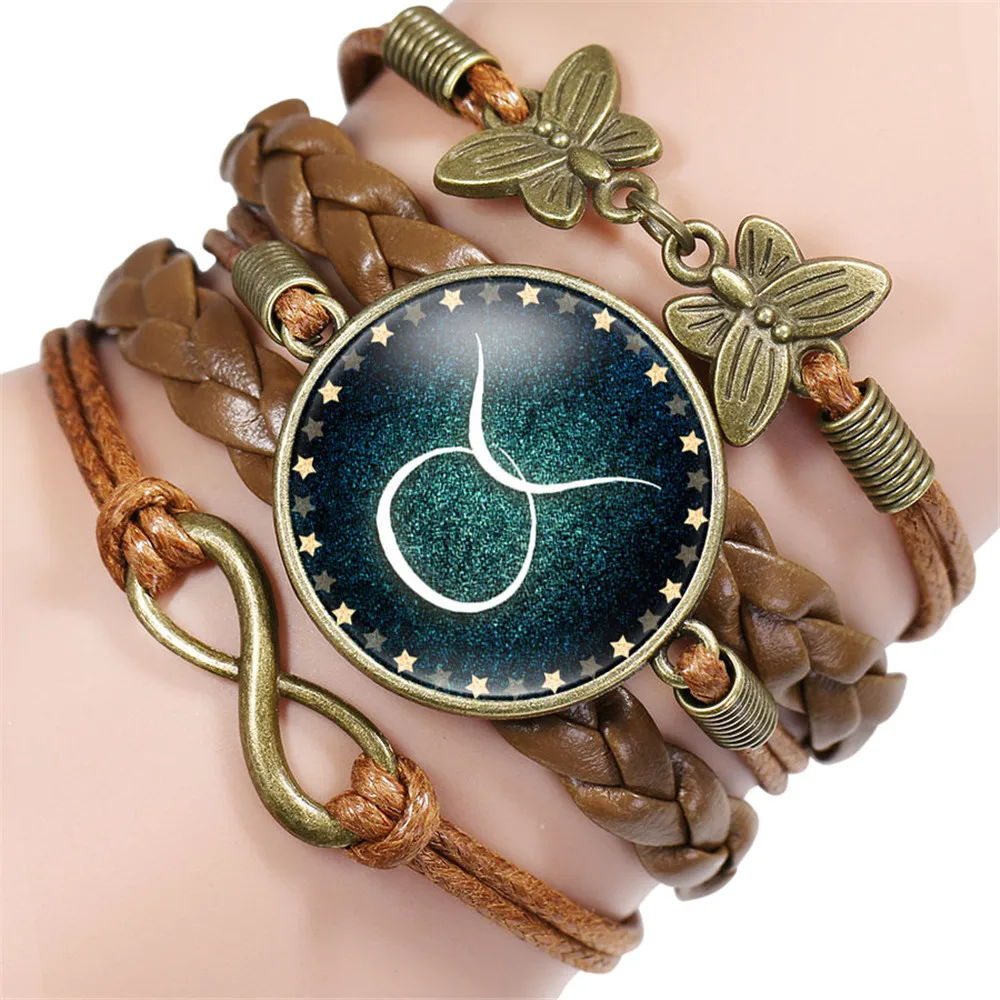 10PC 12 constellations Glass Cabochon Charm leather wrap bracelets & bangles for women men Girl Boy Jewelry Accessories