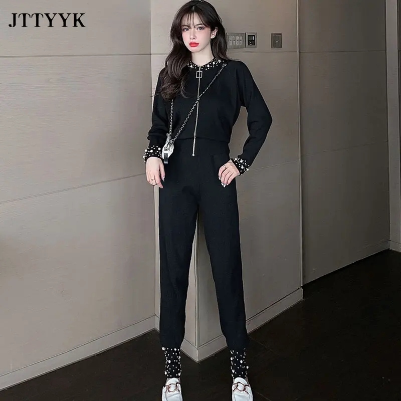 Women 2 Piece Spring Knitted Set Black Trouser Suits Beading Zipper Jacket + High Waist Pants Sports Suits Two-Piece Set Ladies