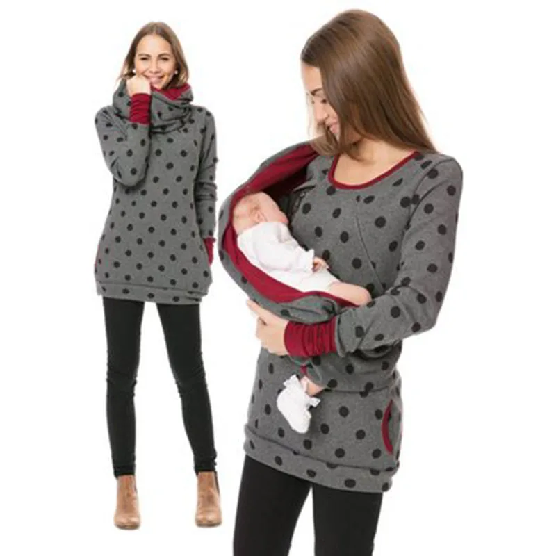 New Maternity Clothes for Nursing Mothers Printed Round Neck Pregnancy Clothes Plus Velvet Thickening Bib Multifunctional Hoodie