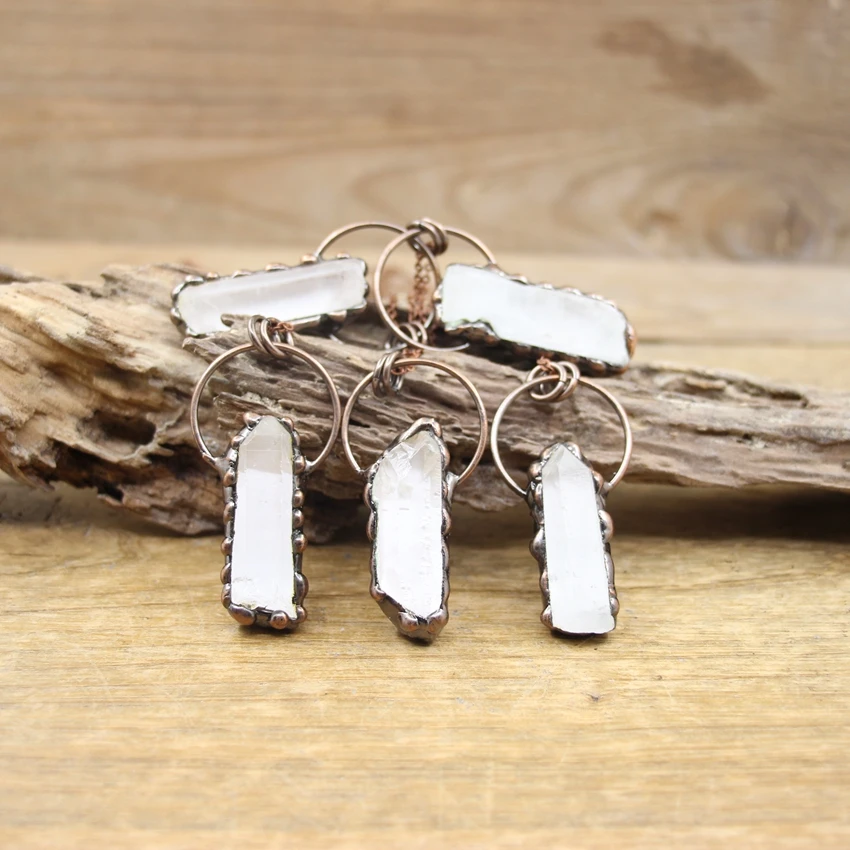 Antique Copper Hoop Raw Crystal Point Pendants Soldered Bronze White Quartz Druzy Stick Necklaces Man Women Boho Jewelry,QC3213