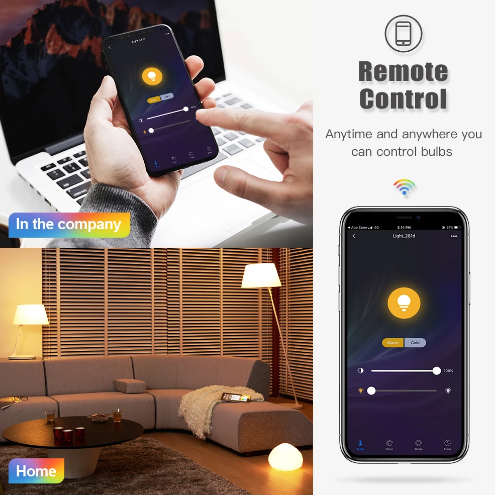 E27 WiFi Smart Light Bulb LED RGB Lamp Work with Alexa/Google Home 90-250V RGB+White+Warm white Dimmable IOS/Android APP Control