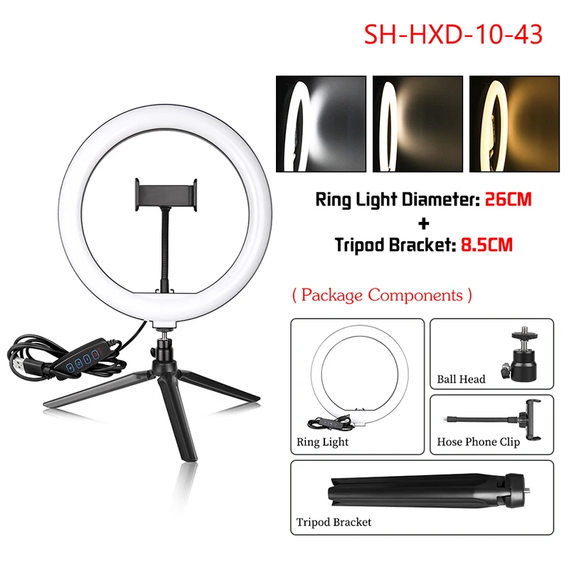 SH 26cm 10 Inch Ring Light With Tripod Stand Usb Charge Selfie Led Dimmable Photography Video Lamp For Streaming Photography