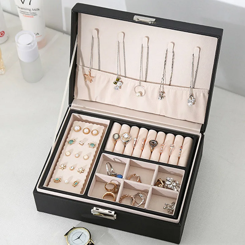 

Top Sell Fresh And Simple Portable Jewelry Box With Makeup Mirror Necklaces Earrings Ring Multi-function Jewellery Storage Box