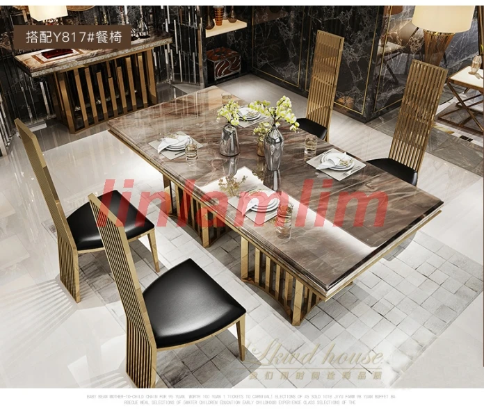 Linlamlim unique stainless steel golden dining room set with marble table and 4 leather chairs mesa de jantar muebles comedor