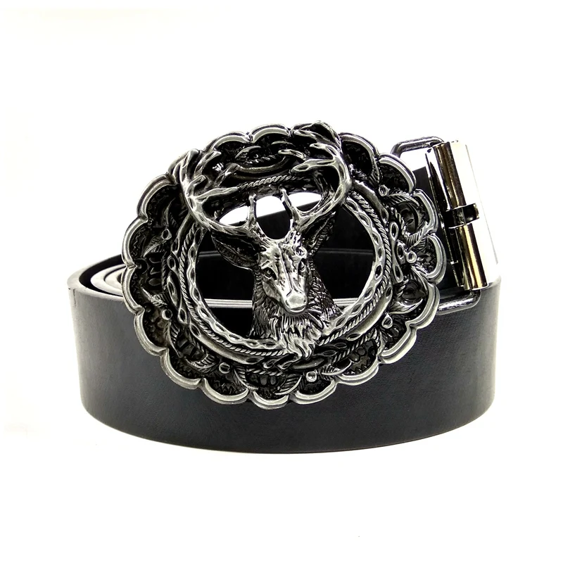 

Designer Fashion Male Belt with 3D Deer Head Belt Buckle Metal Western Cowboy Belt Buckle Black Faux Leather Belts for Men Jeans