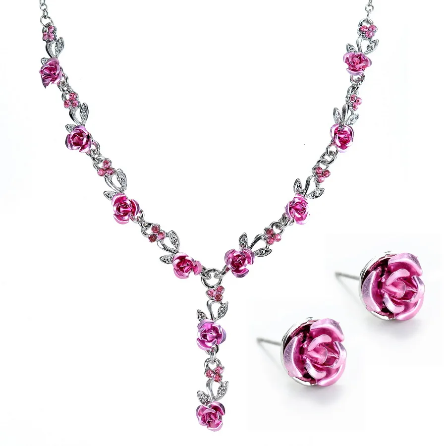 Vintage Rhinestone Acrylic Rose Stud Earrings Necklace Combination Set For Women Elegant Flower Jewelry Sets Wedding Jewelry