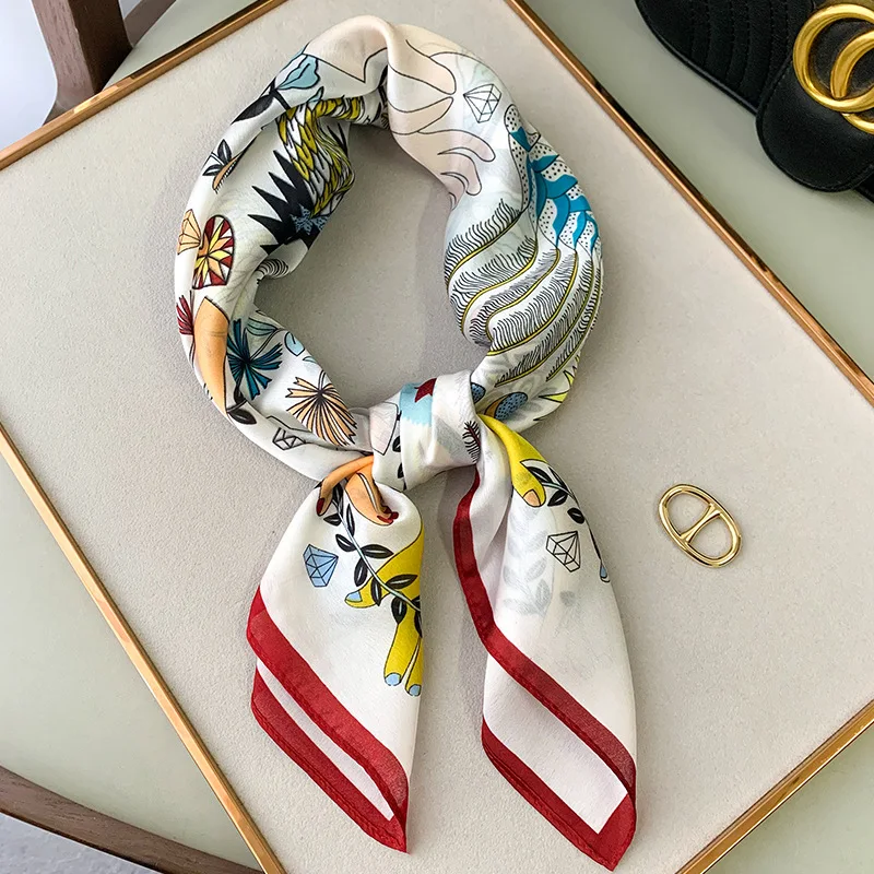 Women Silk Scarf 2020 New Square Foulard Lady\'s Neck Hair Design Cartoon Hands Printed Head Kerchief Fashion Girl Hair Scarfs