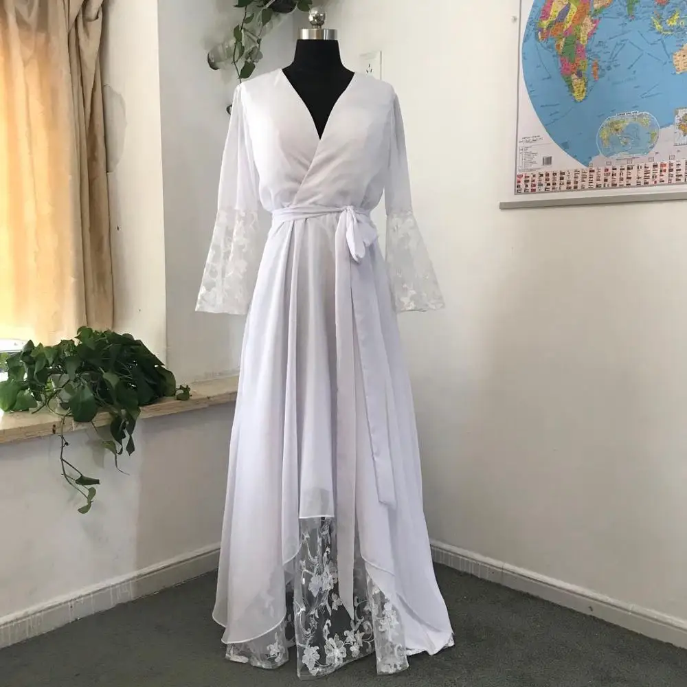 Customized V-Neck Beach Boho Wedding Dresses Bohemian Hippie Style Deep Long Sleeves Lace Flower Country Bridal Gowns
