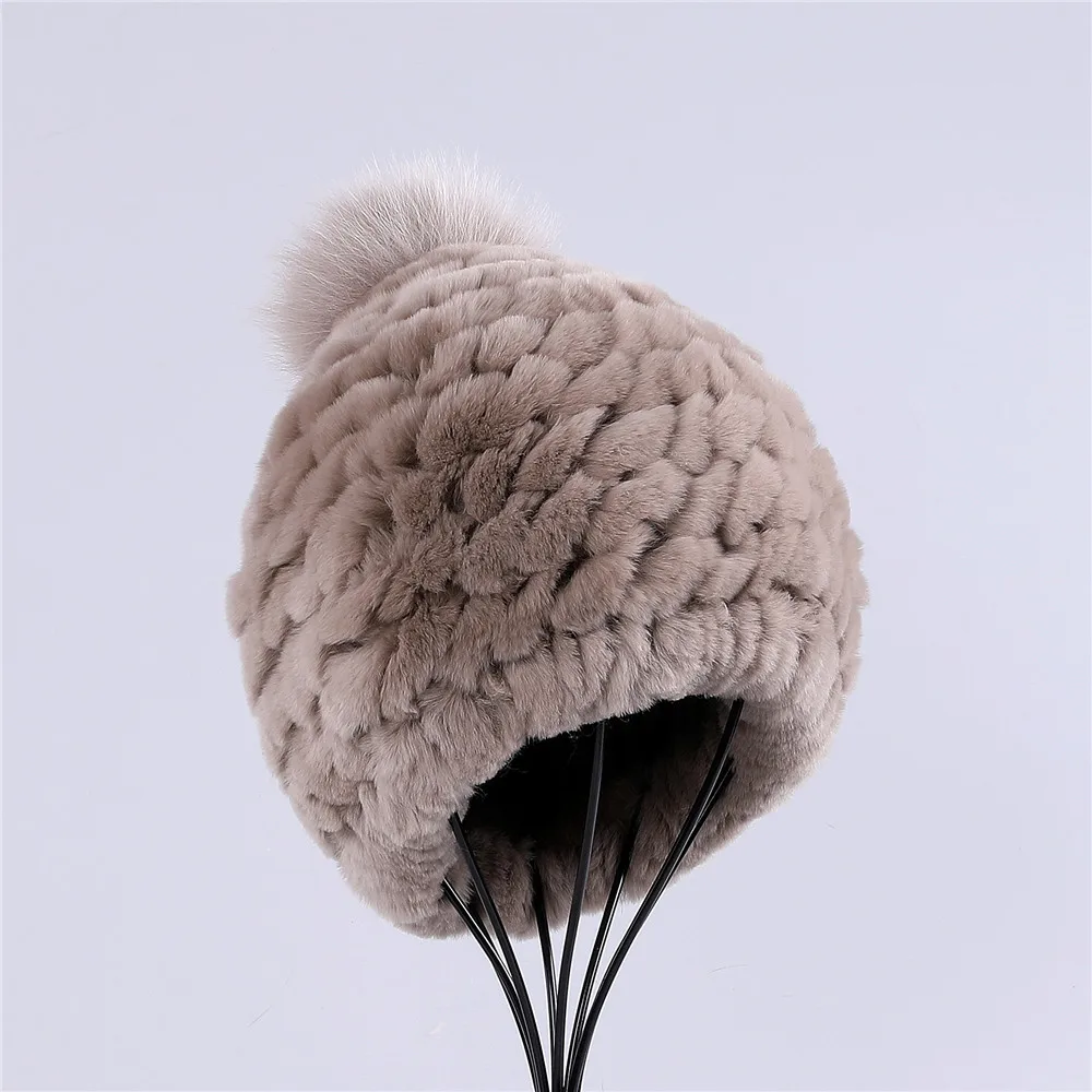 European Station Luxury Women's Real Rex Rabbit Fur Beanie Hats Lady Winter Warm Bucket Cap With Fox Fur Pom Poms Solid Color