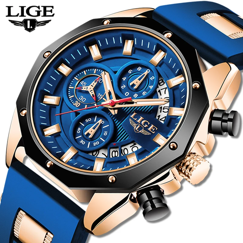 2023 LIGE New Fashion Mens Watches Top Brand Luxury Silicone Sport Watch Men Quartz Date Clock Waterproof Wristwatch Chronograph