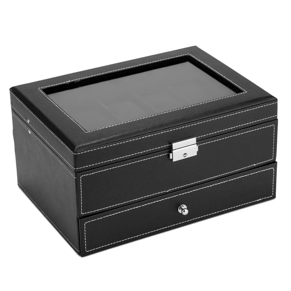 Mens Watch Box Organizer 10 Slots Lockable Jewelry Display Case with Real Glass Top Faux Leather Black/White[US-Stock]