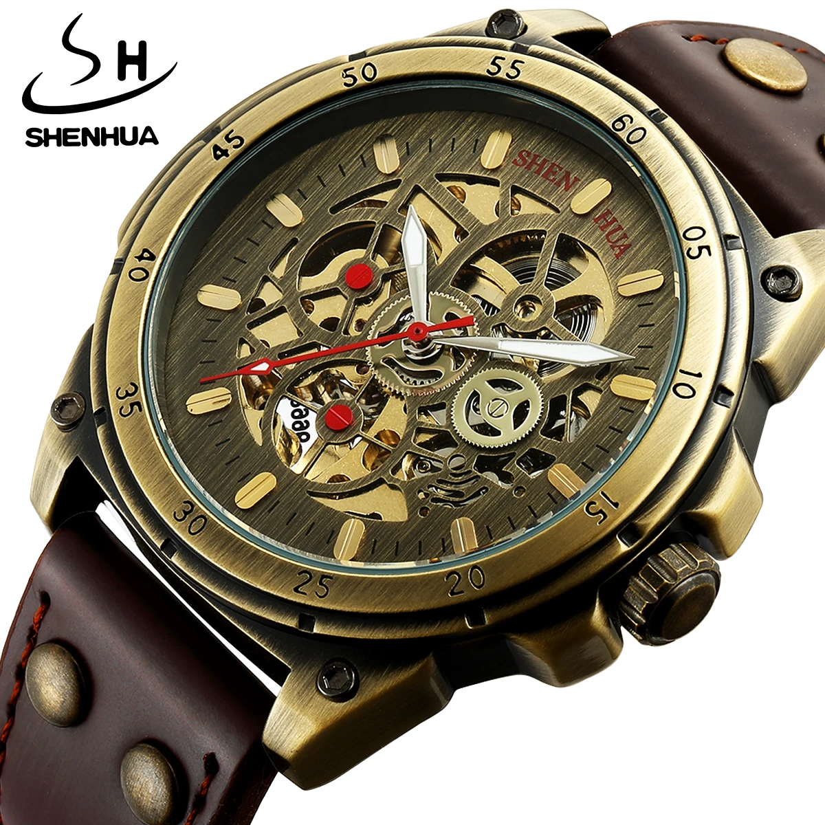 SHENHUA Retro Gear Diesel Design Classic Strap 30M Watertight Automatic Mechanical Relogio Masculino Self Wind Wrist Watches