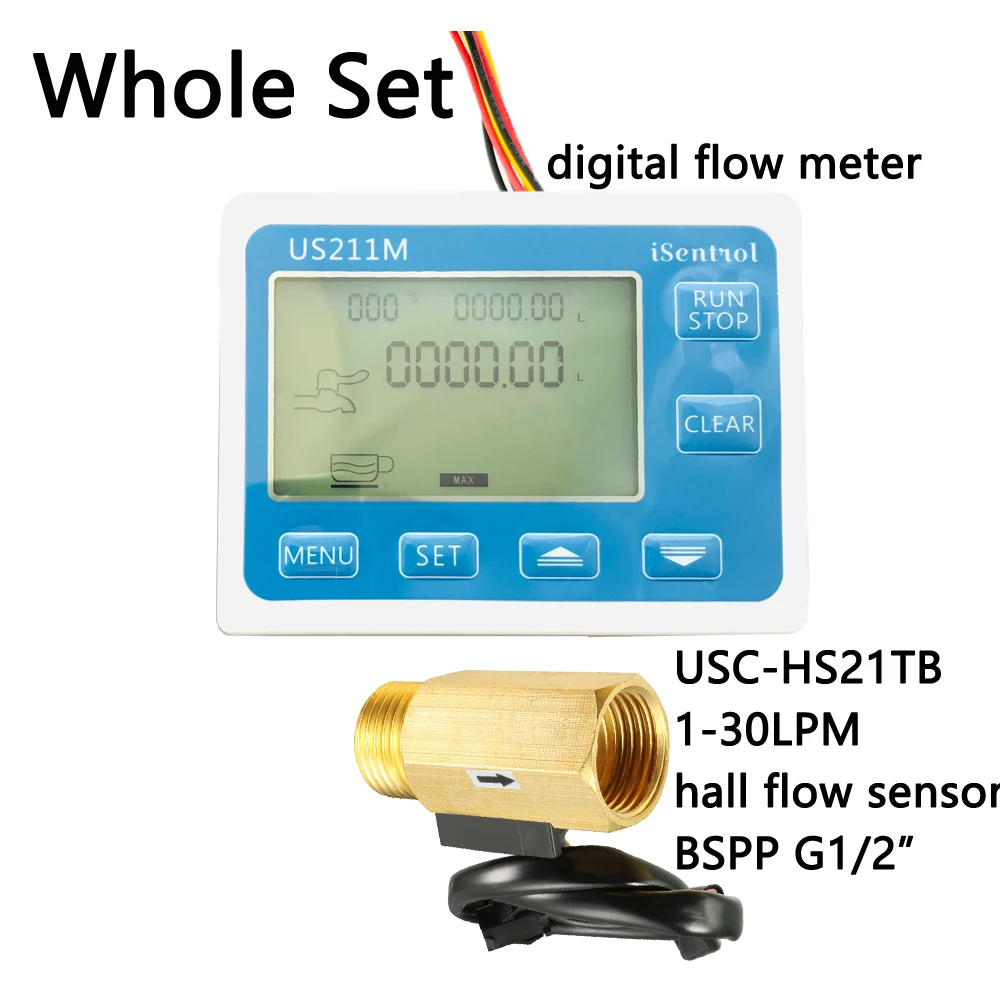 US211M Water Flow Meter Hall Water Flow Sensor Reader with Brass USC-HS21TB 1-30L/min hall water flowmeter