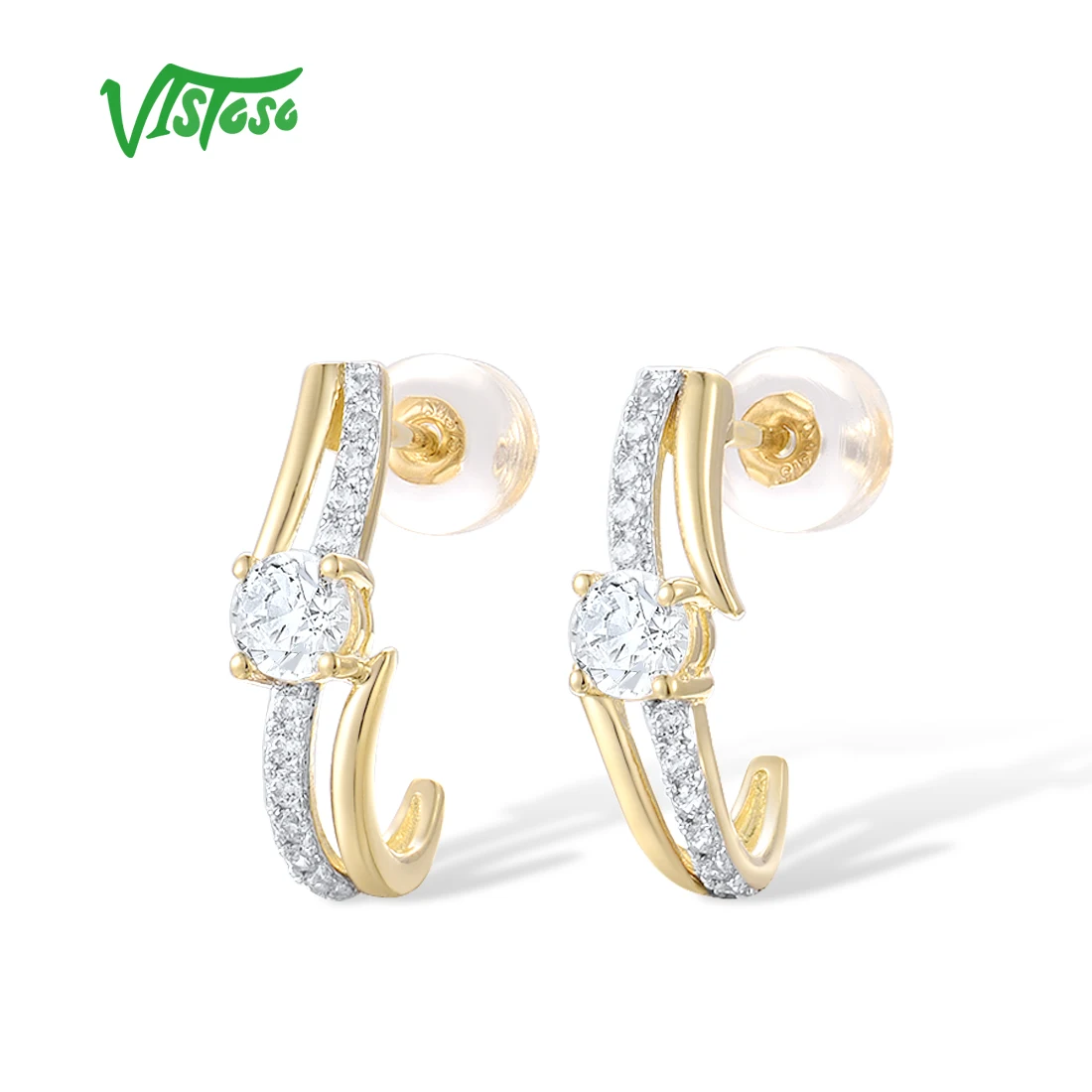 VISTOSO Gold Earrings For Women Genuine 9K 375 Yellow Gold Earrings Sparkling White CZ Promise Band Earrings Party Fine Jewelry