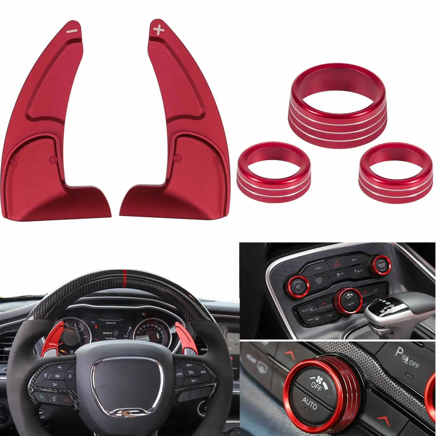 

Air Conditioner Switch CD Button Knob & Shift Paddle Extension Trim for 2015-2020 Dodge Charger Challenger Durango RT Scat