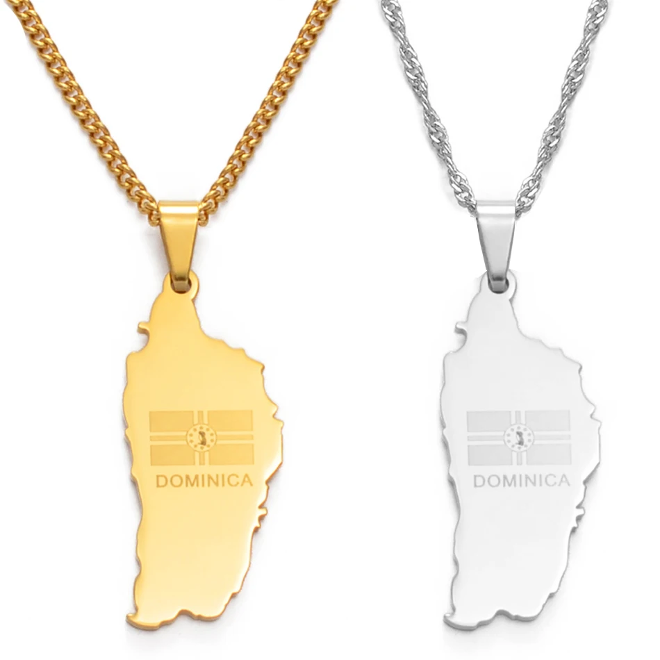 Anniyo The Commonwealth of Dominica Map & Flag Pendant Chain Necklaces Dominica Maps Stainless Steel Jewelry @054521