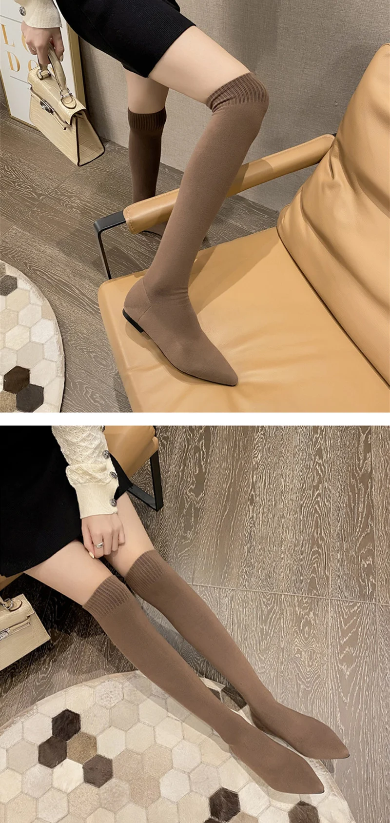 Size 34-40 Fashion Slim Leg Thigh High Sock Boots Women Black Stretch Fabric Pointed Toe Flat Heels Over The Knee Slip On Shoes