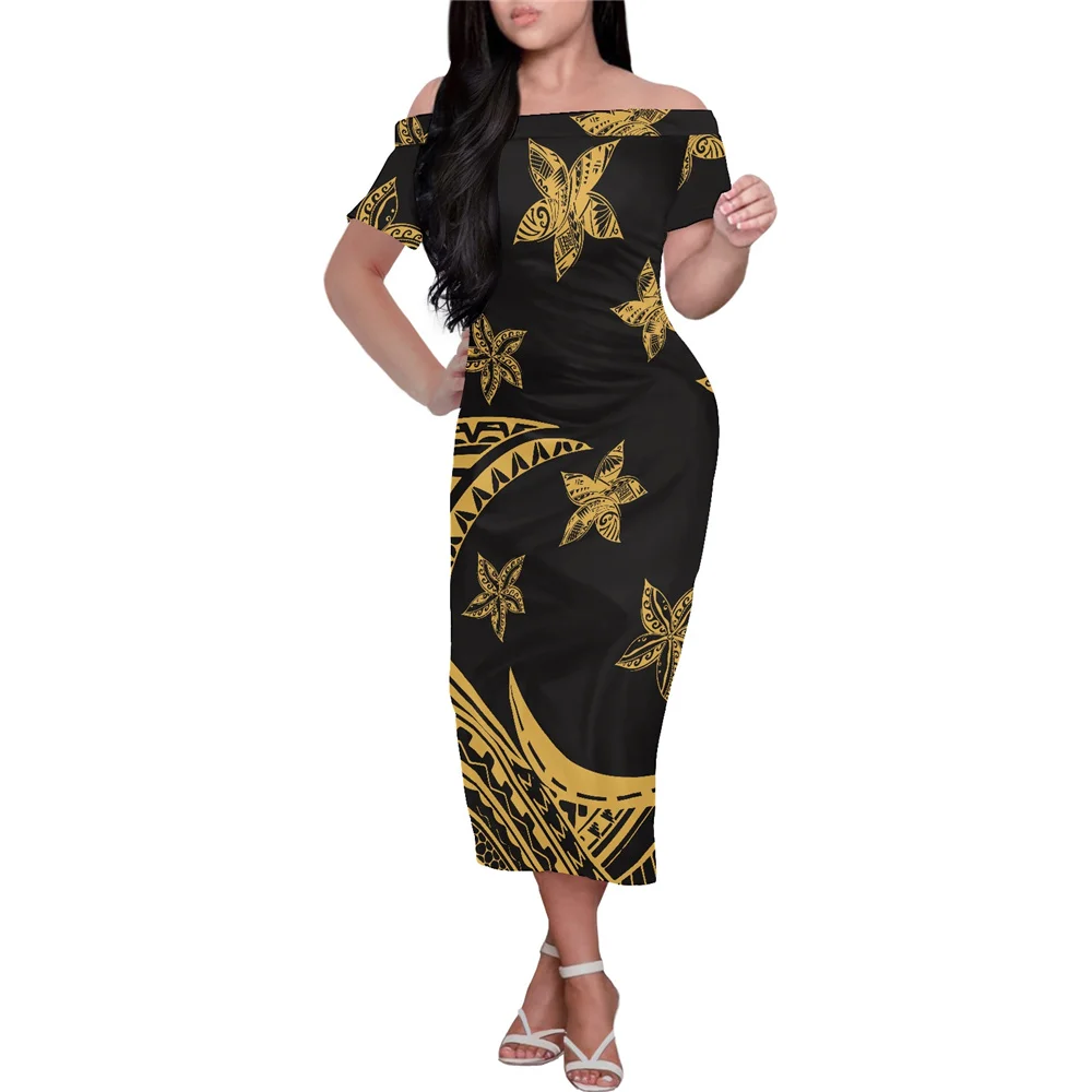 Hycool Women's Evening Dress Samoan Tribal Hawaii Floral Pattern Female Clothing Elegant Sexy Dress For Ladies Spring Summer