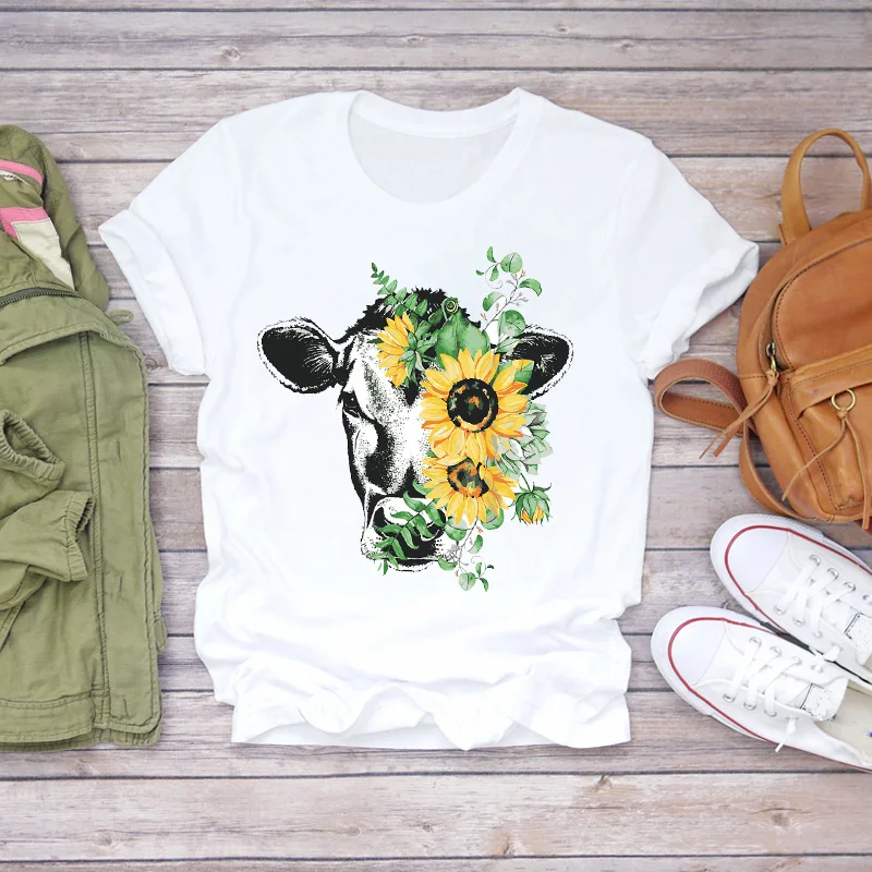 Womens T-shirts Cartoon Fashion Sunflower Heifer Cow Cattle Animal Lady Women Print Ladies Top T Graphic Female Tee T-Shirt