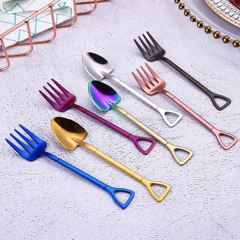 304 Stainless Steel Shovel Spoon&Fork Ice Cream Fork Coffee Spoon Dessert Watermelon Spoon Tableware Teaspoon Stirring Spoon Set