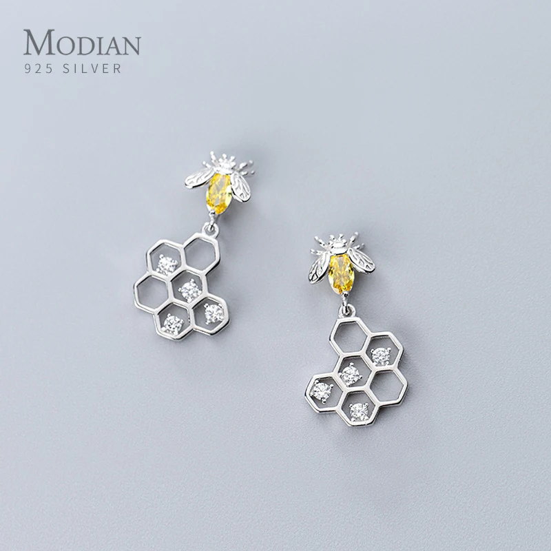 

Modian Cute Bee And Honeycomb Stud Earrings for Women Real 925 Sterling Silver Insect Zircon Jewelry for Girl 2020 Bijoux