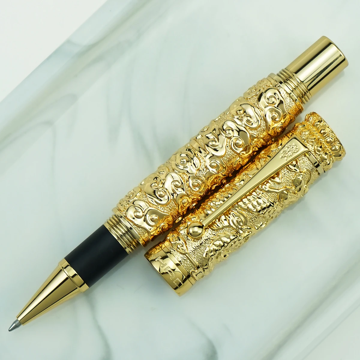 Jinhao Vintage Luxurious Metal Rollerball Pen Golden Dragon Cloud Heavy Big Pen M Point 0.7 Carving Embossing Collection Gift