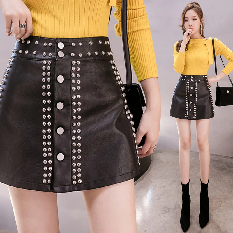 2020 new fashion autumn and winter temperament high waist heavy industry rivet anti-glare PU leather shorts skirt DQ528