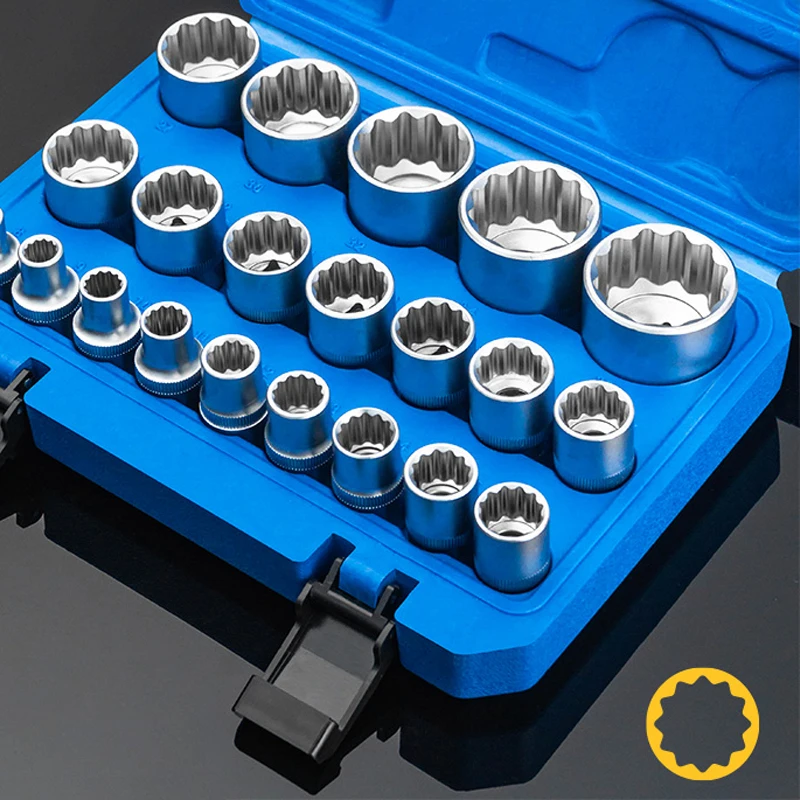 21-Piece Set Of 12-Point Plum Blossom Socket Set 1/2 Inch Small Wind Gun Socket Head 8-36mm Plum Blossom Socket Head Metric