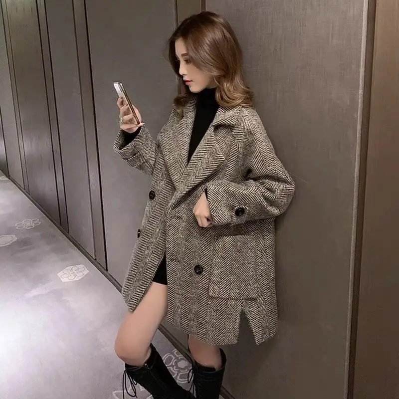 

Autumn Coat Women's Korean Retro Suit Collar Quilted Long Jacket Women's Fashion Double breasted Coat Women