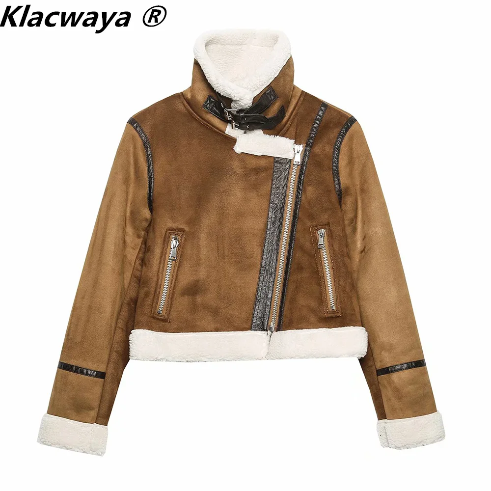 Klacwaya Women Winter Jacket Coats Woman 2021 Vintage Clothes Turn-Down Collar Asymmetric Zip Jackets Pockets Casual Women Coat