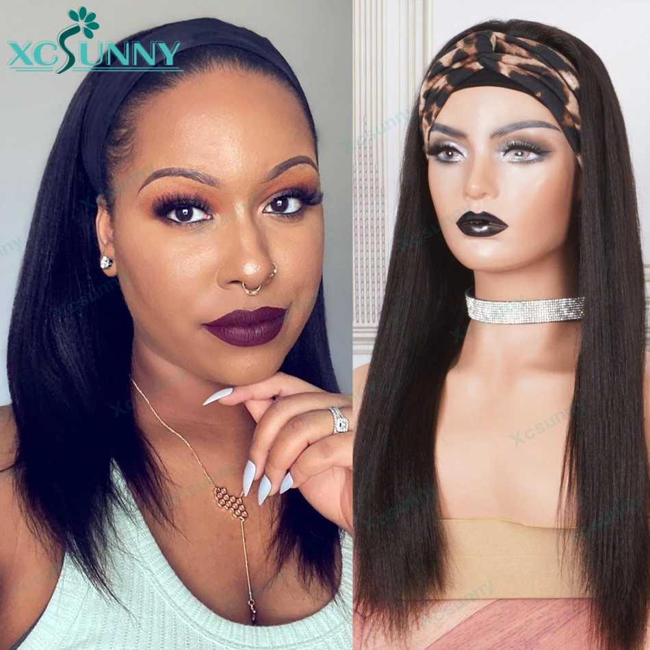 Light Yaki Straight Human Hair Wig With Headband Remy Brazilian Full Machine Made Wig For Black Women Easy To Install xcsunny