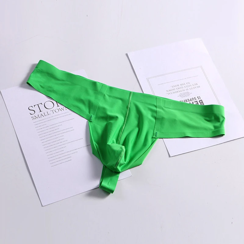 Men Sexy G-string Thongs Gay Men Underwear Solid Thin Ice Silk Enhance Bugle Pouch Seamless T-panties Man Lingerie Underpants