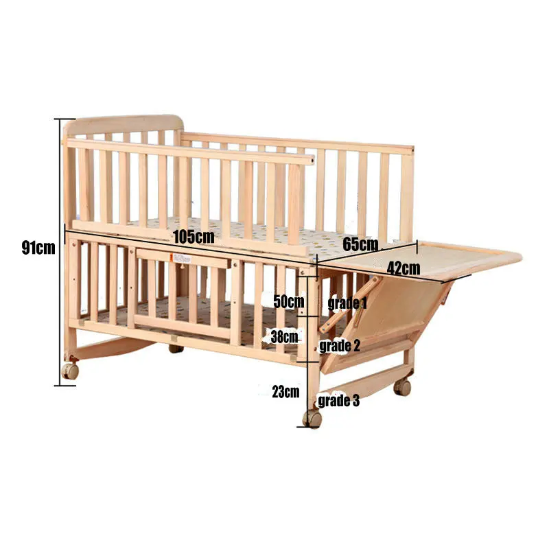 3 Grade Adjust Baby Bed With Wheels, No Paint Crib Have Bedding Set, Can Joint Adult Bed, Can Be Rocking Cradle