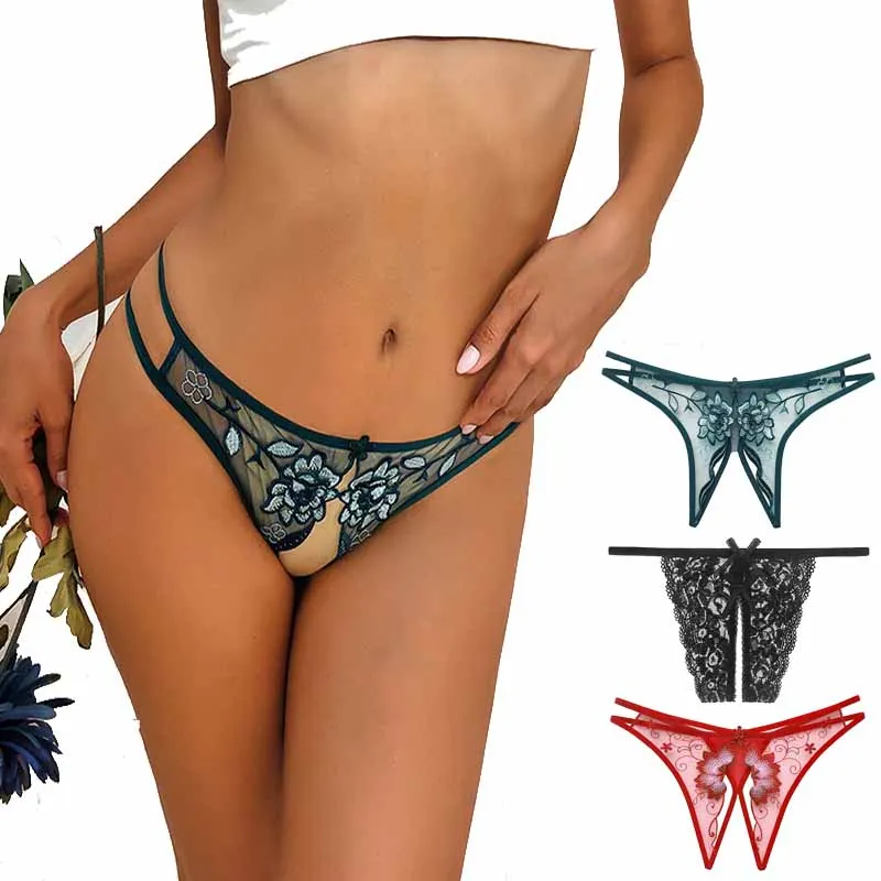 Women Sexy Thongs Embroidered Floral G-string Lace Lingerie Underwear Low Waist Open Crotch Underpants Female Panties Briefs