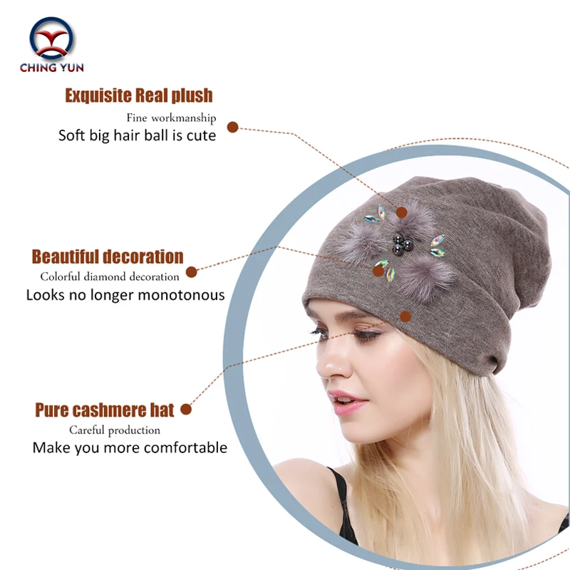 CHINGYUN 2019new Cashmere knit hat soft Winter Warm High Quality Female Solid Color Knitted Hat exquisite real plush decoration