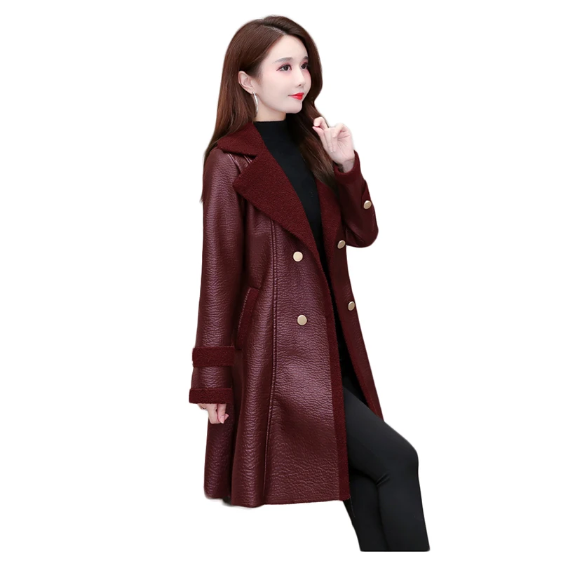 Elegante Leder Jacke Frauen Blazer Korean Fashion Herbst winter Kleidung Pelz futter Parkas Damen Lamm Pelz Kragen 2023