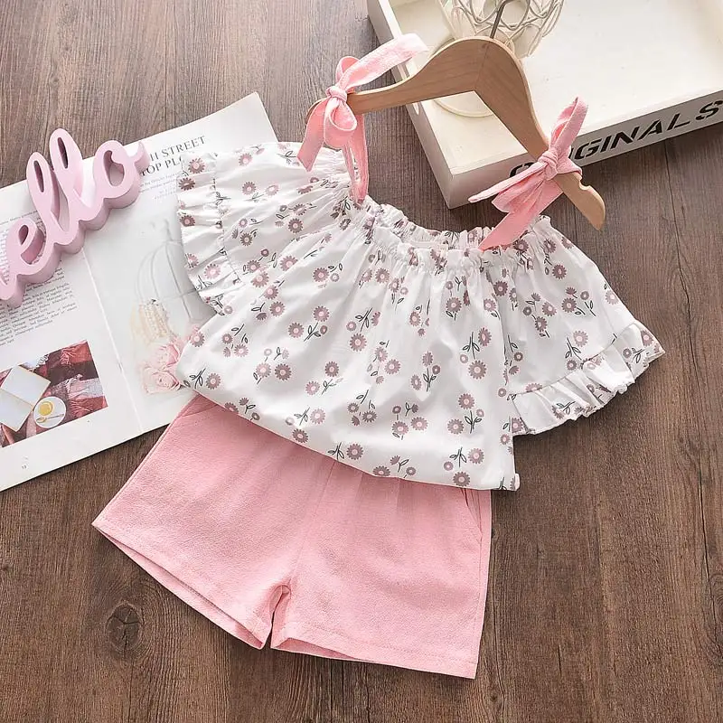 

Fashion Girls Clothes New Summer Sweet Young Children Sling Lace Dress Costume Set Little Girl Pink Wave Dress Suit Clothing