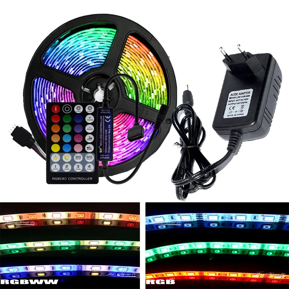 

Светодиодная лента RGB / RGBW / RGB + CCT/двойная белая гибкая светодиодная лента 5050 300 светодиодов + РЧ контроллер + адаптер питания 12 В постоянного тока 3 А, 5 м в комплекте