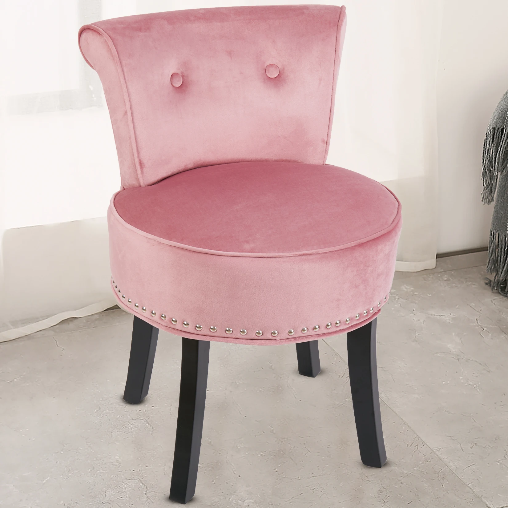 Vanity Stool Chair Makeup with Upholstered Round Velvet  Padded Chair with Wood Legs Grey Pink