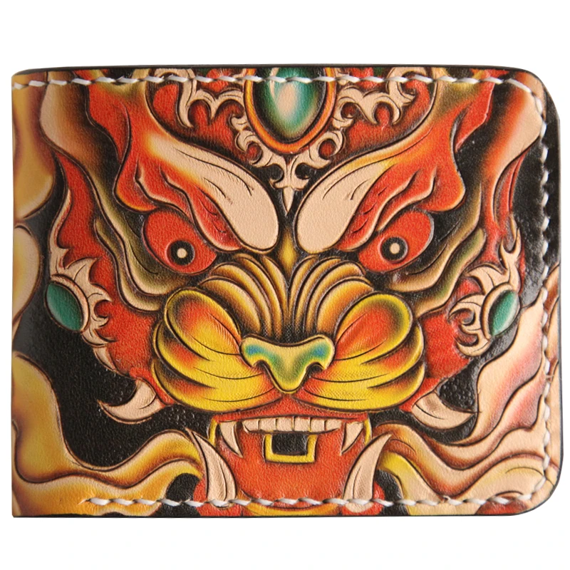 Hand-made Short Cow Leather Carp Wallets Purses Men Skull Clutch Vegetable Tanned Leather Wallet Card Holder