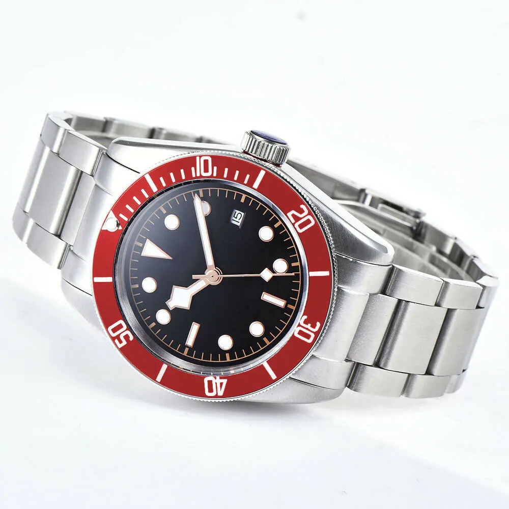 No Logo 41mm NH35 Mens WristWatches Red Bezel Miyota8215 Automatic Movement 316L SS Case Bands Sapphire Swim Waterproof Luminous