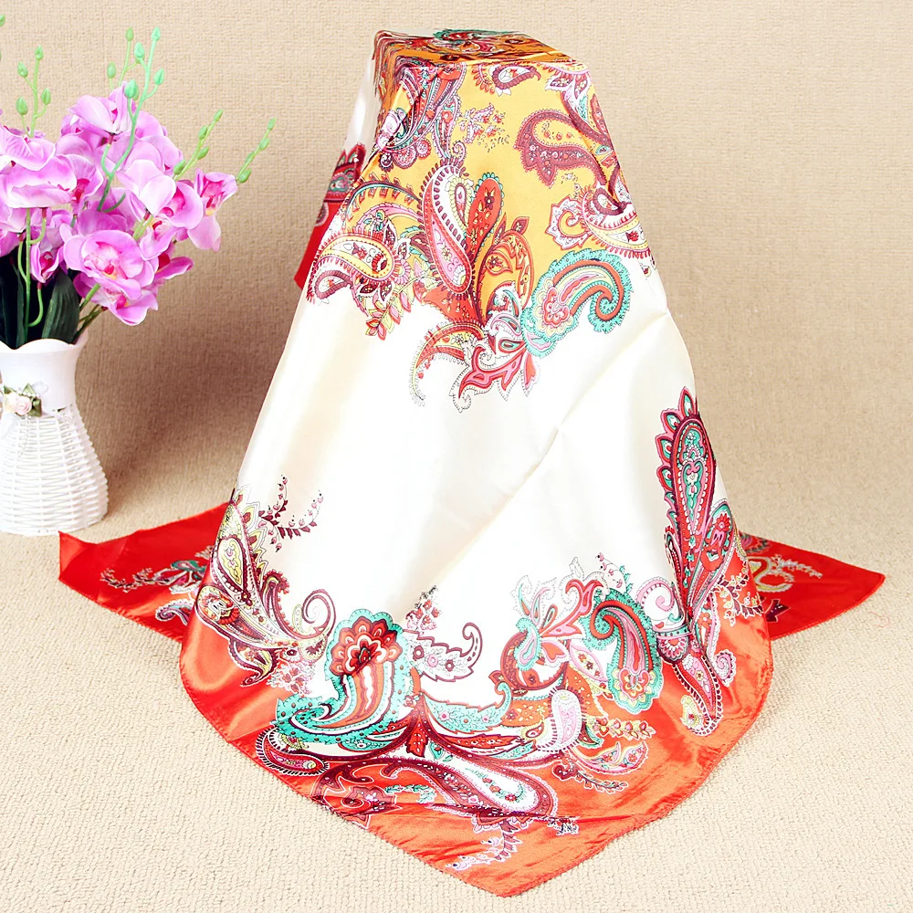 QLUKEOYY Silk Scarf 90cm Printed Large Square Scarf Wave Cashew Flower High Quality Satin Headcloth Coverchief Kerchief Muffler