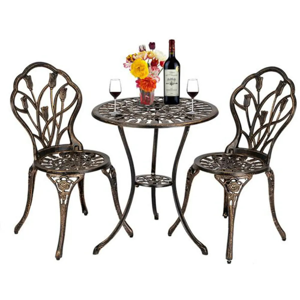 European Style Cast Aluminum Outdoor 3 Piece Tulip Bistro Set of Table and Chairs Beautiful Antique Bronze Finish