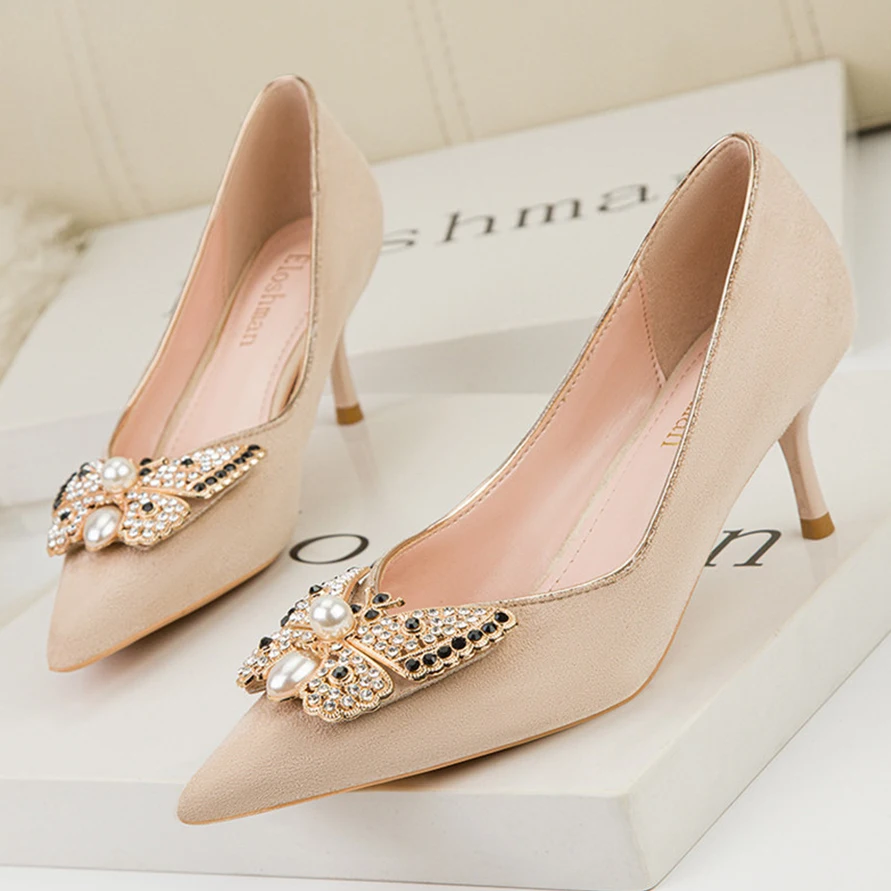 

6cm Comfort Heel Women Dress Wedding Shoes Fashion Pearl Crystal Butterfly Shallow Woman Pumps High Heels Ladies Flock Shoe 2024